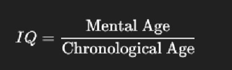 <p>IQ = mental age / chronological age</p><ul><li><p>examples:</p><ul><li><p>10 year old mental age and 10 years old.</p><ul><li><p>10 / 10 = 1. IQ = 100</p></li></ul></li><li><p>7 year old mental age and 10 years old.</p><ul><li><p>7 /10 = 0.7. IQ = 70.</p></li></ul></li><li><p>15 year old mental age and 10 years old.</p><ul><li><p>15/ 10 = 1.5. IQ = 150</p></li></ul></li></ul></li></ul><p></p>