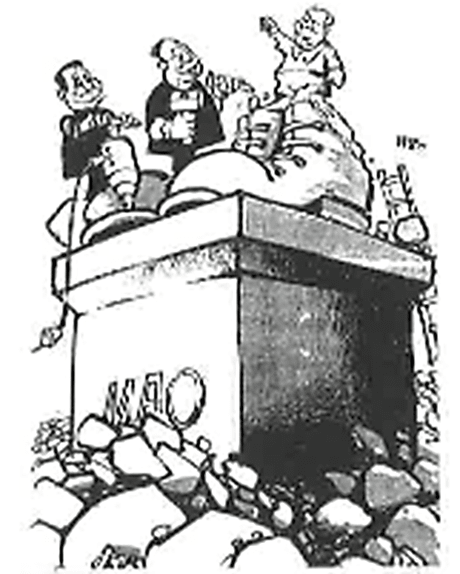 <p>Interpretieren Sie die Karikatur von H. Haitzinger, 1980. (Links Deng Xiaping, rechts hoher Parteivertreter, rundherum trümmer von Mao Zedong)</p>