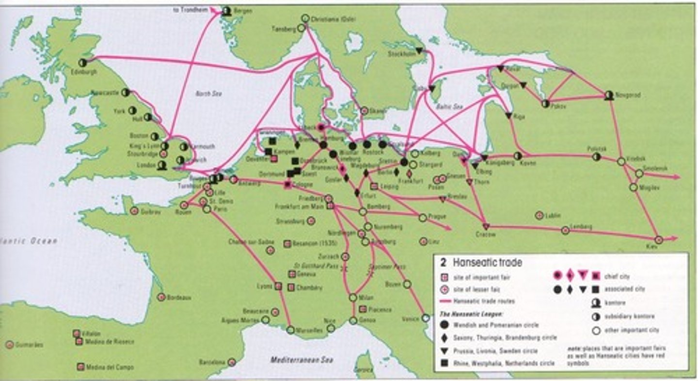 <p>A powerful group of merchants, mostly from Northern Europe, that had an increase in wealth and trading power while the Italian city-states were recovering from the effects of the Plague. They specialized in timber, fish, grain, metals, honey and wines.</p>