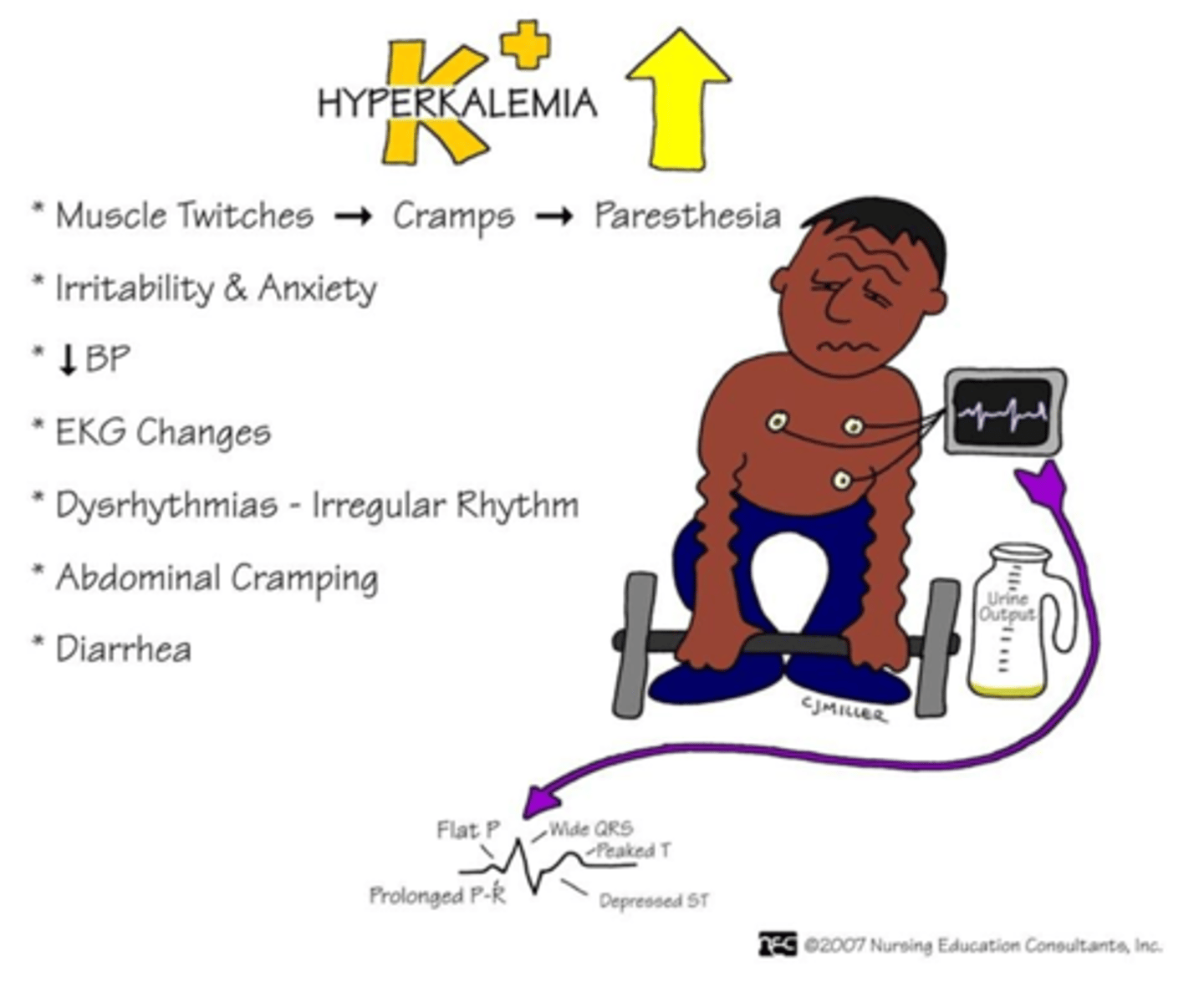 <p>- Decreased renal elimination (renal dysfunction, decreased urine output)</p><p>- Excessive intake</p><p>- Movement from ICF to ECF</p><p>- Patients who are acidotic</p>