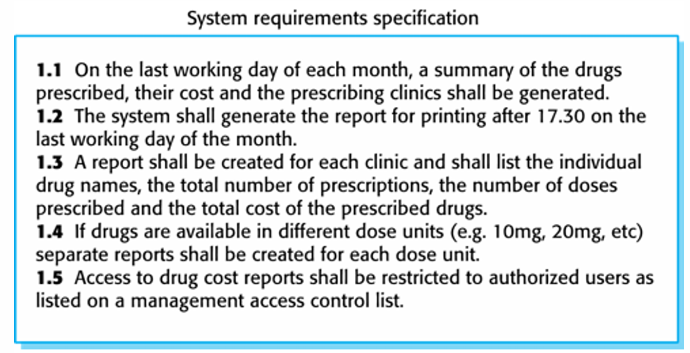 <p>Structured document setting out detailed descriptions of system’s functions, services, and operational constraints.<br><br>Defines what should be implemented so may be part of a contract between client and contractor</p>