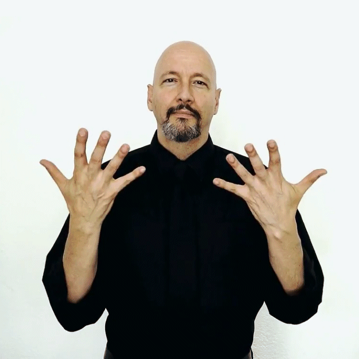 <p><span style="font-size: medium">placing both of your open hands in front of you.&nbsp; Each hand should face you, with your fingers pointing upward.&nbsp; Twist both hands quickly a couple times ending with the palms pointing (somewhat) forward.&nbsp; You can also do this sign with just a single twist</span></p>