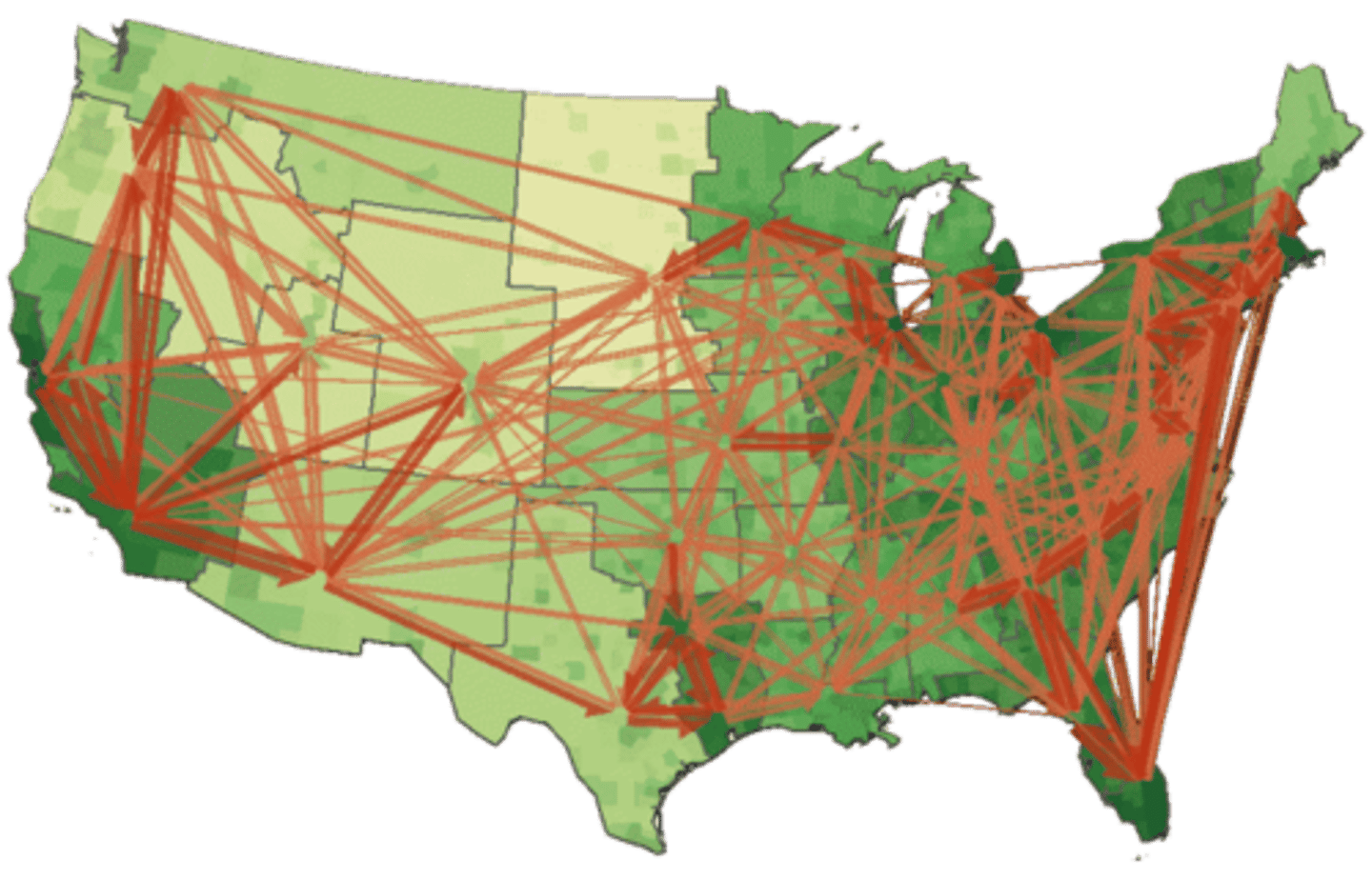 <p>the flow of goods, people, or information among places, in response to localized supply and demand</p>