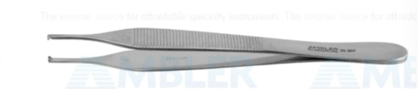 <p>-tooths at the tip used for handling dense tissue in skin closure</p>