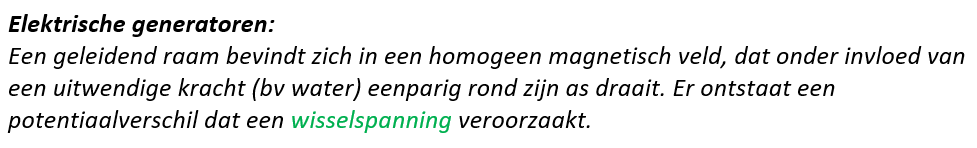 <p>potentiaalverschil tussen A en B volgt een <strong>sinusoïdaal</strong> verloop; wisselspanning</p>