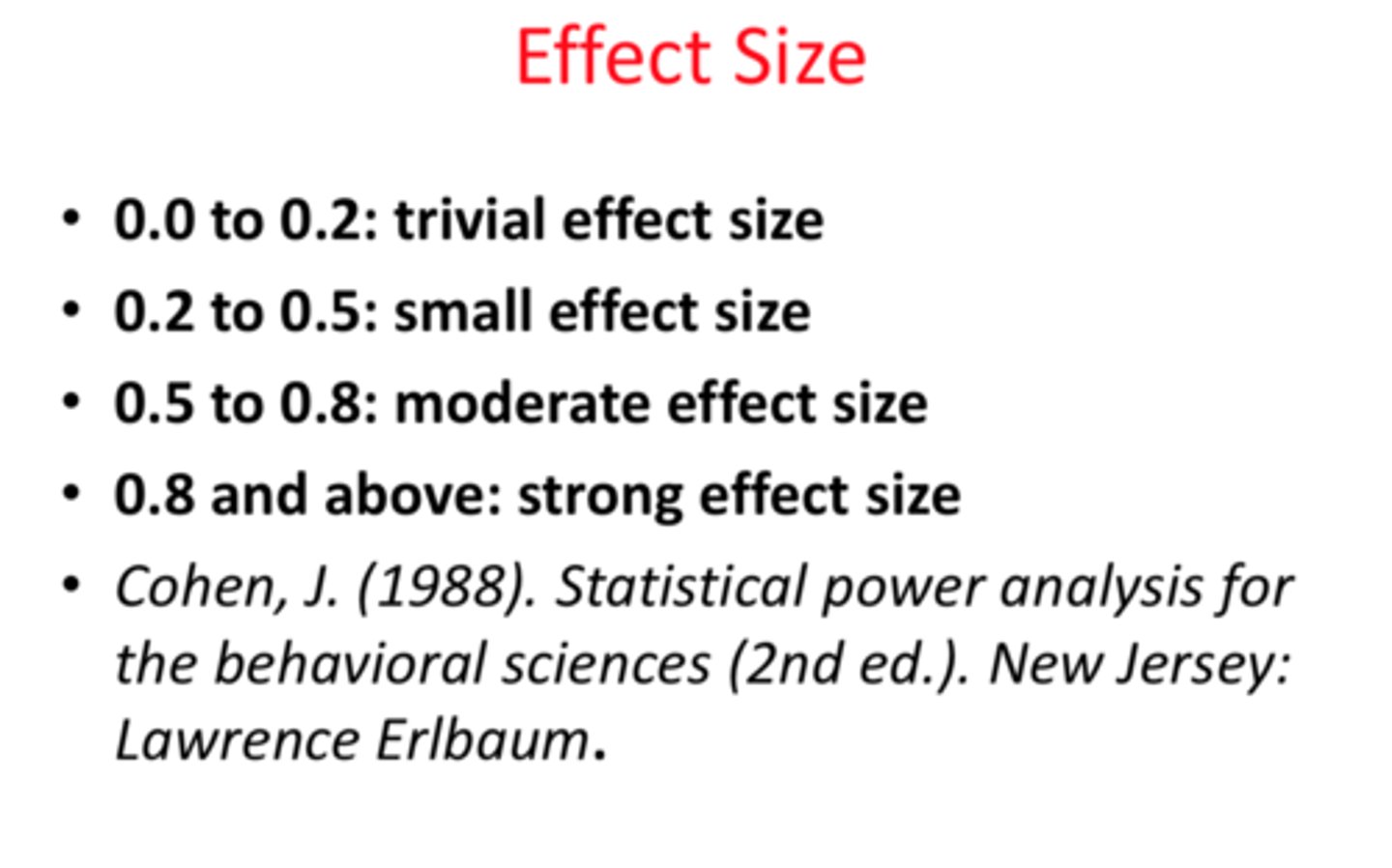 <p>measures the meaningfulness of a magnitude of a relationship between 2 variables -- "practical significance"</p><p>closer to 1 = larger the effect size</p>