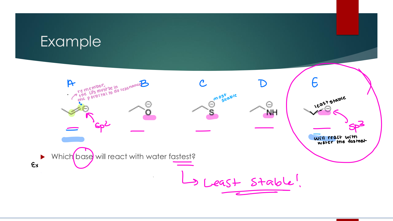 <p><strong>Kinetics: What will happen fastest?</strong></p><p> The more unstable the reactant the faster it will react</p><p> The easier the transition state is to access, the faster it will react</p><p>FAST DOES NOT EQUAL FAVORABLE</p><p>To assess which reaction will occur faster: compare the reactivities of the reactants or the activation energies / energy of the transition states</p><p><strong>General Principle</strong>: Reactions that only involve the transfer of a single proton (Acid/Basen Reactions) are kinetically very fast!</p><p>&gt; Practical Take Away: if an Acid/Base is possible, it will happen first.&nbsp;</p><p></p>