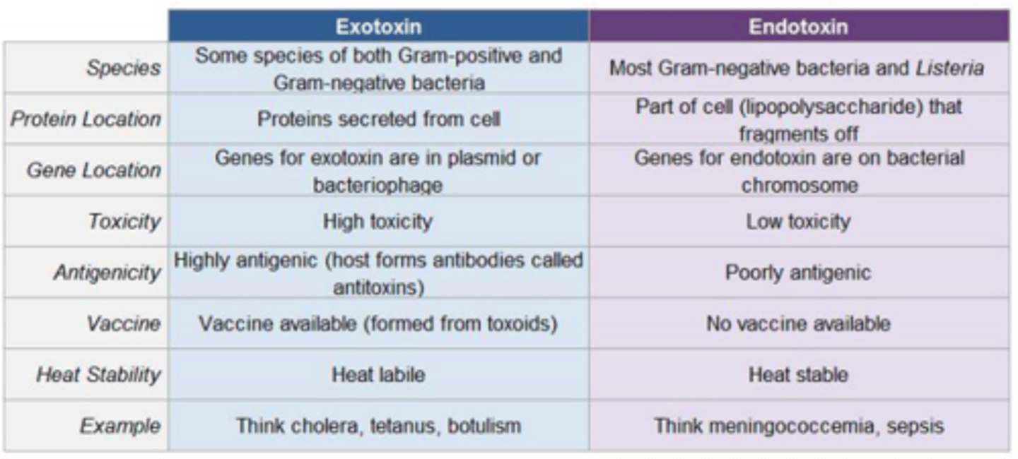 <p>1) Exotoxins = released from bacterial cells and may act at tissue sites removed from the site of bacterial growth</p><p>2) Endotoxins = cell-associated substance</p>