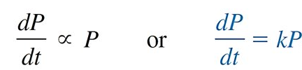 <p>“rate of population growth at a time is proportional to the population at that time”</p><p>P(t) = population at time (t)</p><p>k = constant of probability</p><p>P(t) = P<sub>0</sub>(t)e<sup>kt</sup></p><p>Note: It is decay if k &lt; 0.</p>