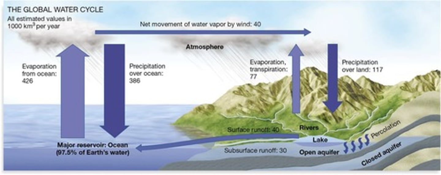 <p>Continuous movement of water within the environment.</p>