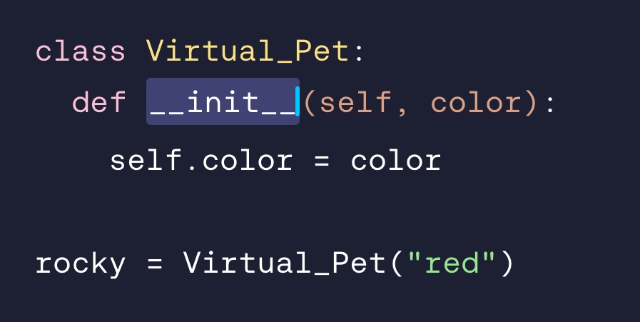 <p>The constructor method looks like __init__() and allows us to set unique values for the class variables when we create an instance.</p>