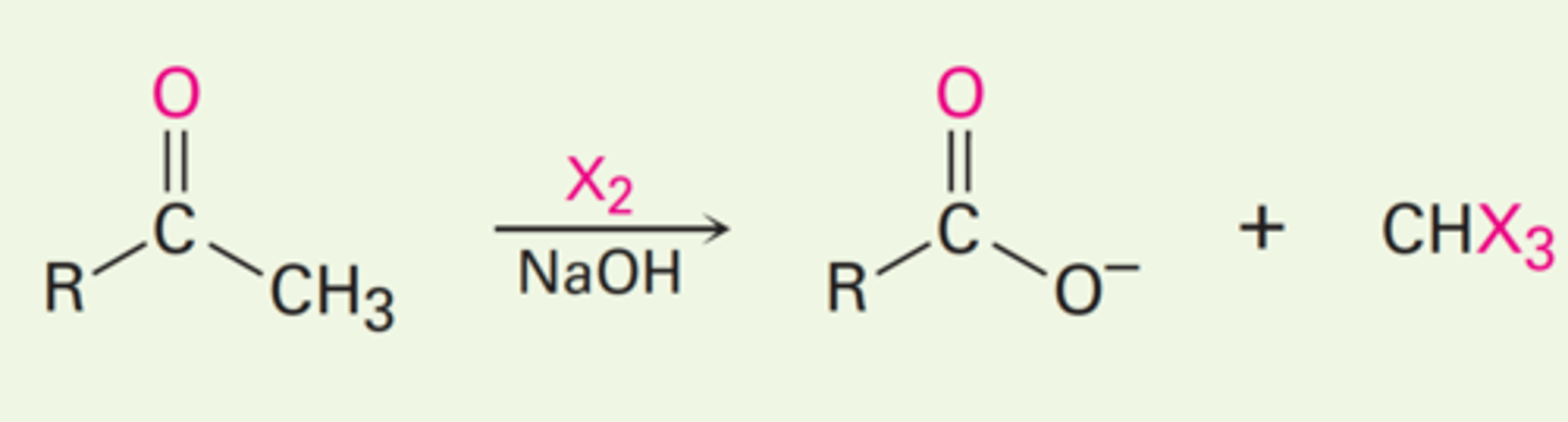 <p>- When a base is used with a methyl ketone, the alpha carbon will become completely halogenated.</p><p>- This trihalo product reacts further with the base</p>