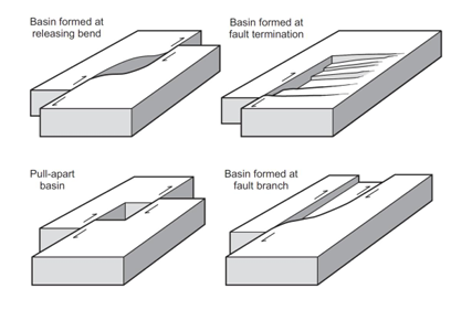 <p>form only local pull-apart basins where there are bends, lateral displacement, terminations, and bifurcations</p><ul><li><p>releasing bends</p></li><li><p>pull-apart basins</p></li><li><p>strike-slip terminations</p></li></ul><p></p>