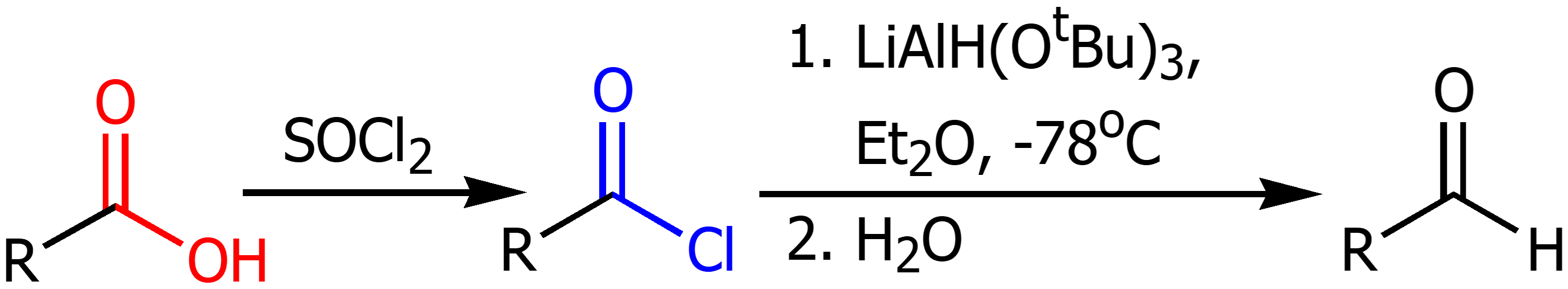 <p>Using SOCl<sub>2</sub> to form an acyl chloride then using LAH in Et<sub>2</sub>O and water to form aldehyde. </p>