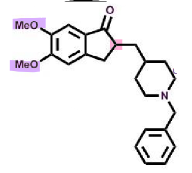 <ul><li><p>pharmacophore: indenone (fused rings)&nbsp;</p><ul><li><p>lipophilic → longer half-life&nbsp;</p></li></ul></li><li><p>piperidine → good oral bioavailability&nbsp;</p></li><li><p>2x methoxy → improved binding&nbsp;</p></li><li><p>racemic → both similar activity&nbsp;&nbsp;</p></li><li><p>potent and reversible&nbsp;</p></li></ul><p></p>