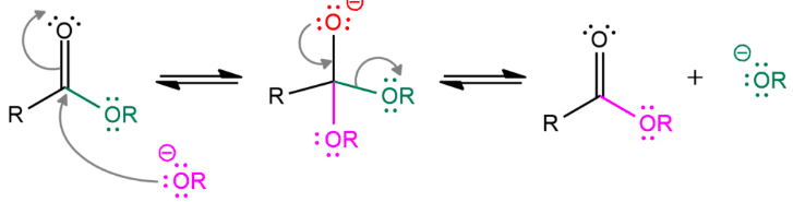 <p>transesterification </p><ul><li><p>transformation of an ester</p></li><li><p>alcohol is the attacking nucleophile </p></li></ul><p></p>