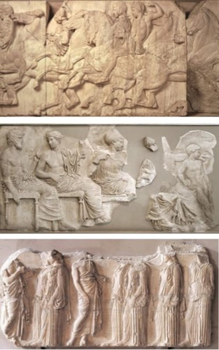 <p>• Painted in antiquity</p><p>• Riders and cattle for sacrifice</p><p>• folding the peplos and seated gods; women</p>