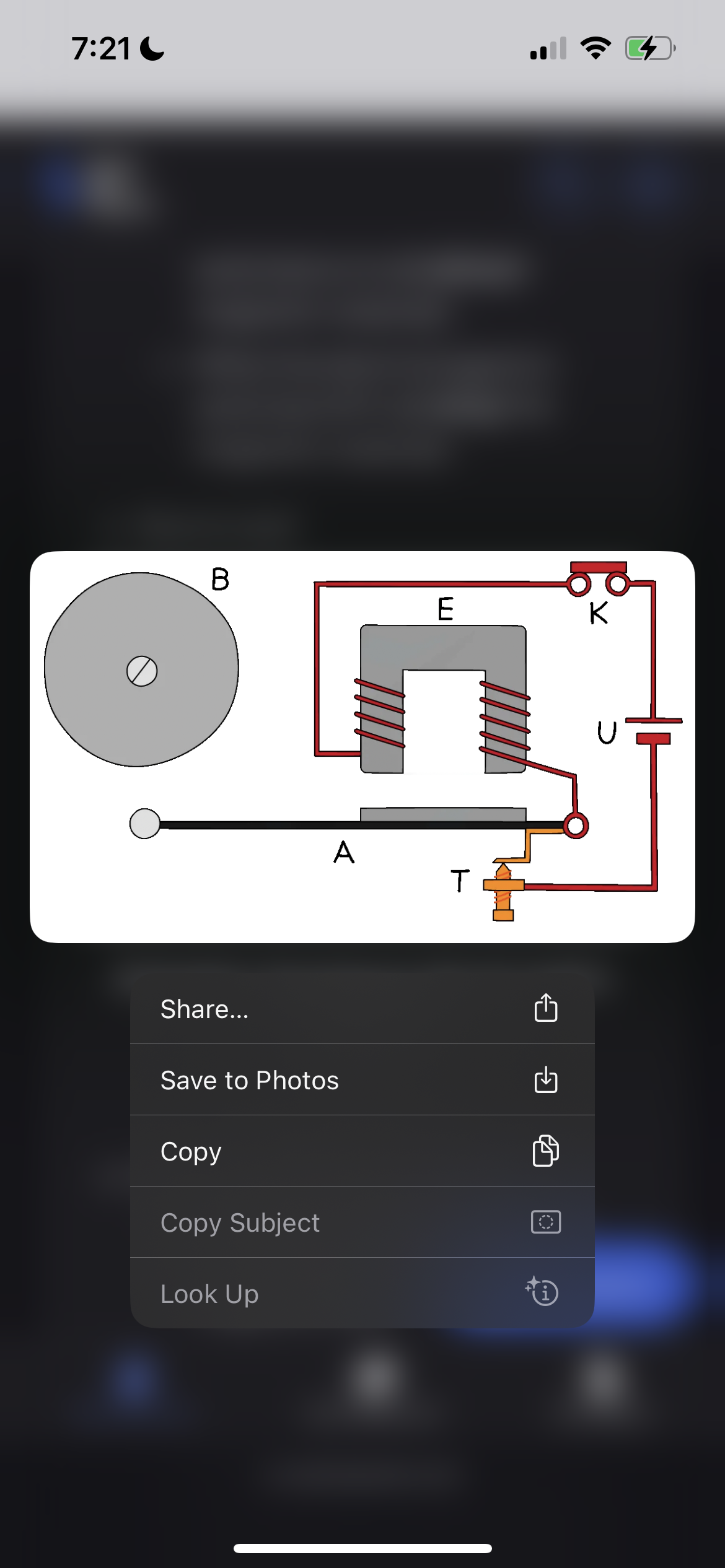 <ul><li><p>When the button <strong>K</strong> is pressed:</p><ul><li><p>A current passes through the electromagnet <strong>E</strong> creating a magnetic field</p></li><li><p>This attracted the iron armature <strong>A</strong>, causing the hammer to strike the bell <strong>B</strong></p></li><li><p>The movement of the armature breaks the circuit at <strong>T</strong></p></li><li><p>This stops the current, destroying the magnetic field and so the armature returns to its previous position</p></li><li><p>This re-establishes the circuit, and the whole process starts again</p></li></ul></li></ul>