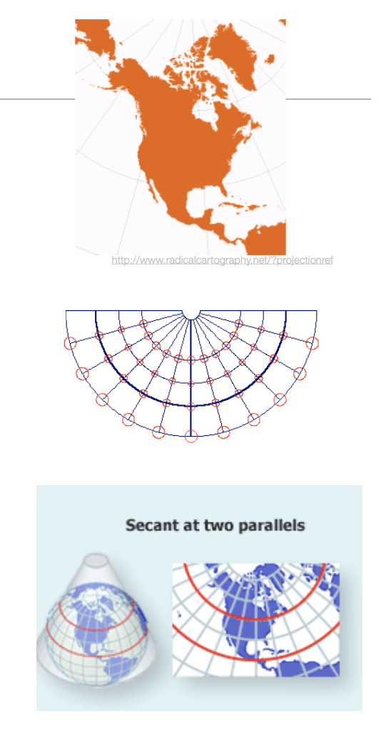 <p>Accurately represents shapes around mid-latitudes. Often used for regional or continental maps. </p>