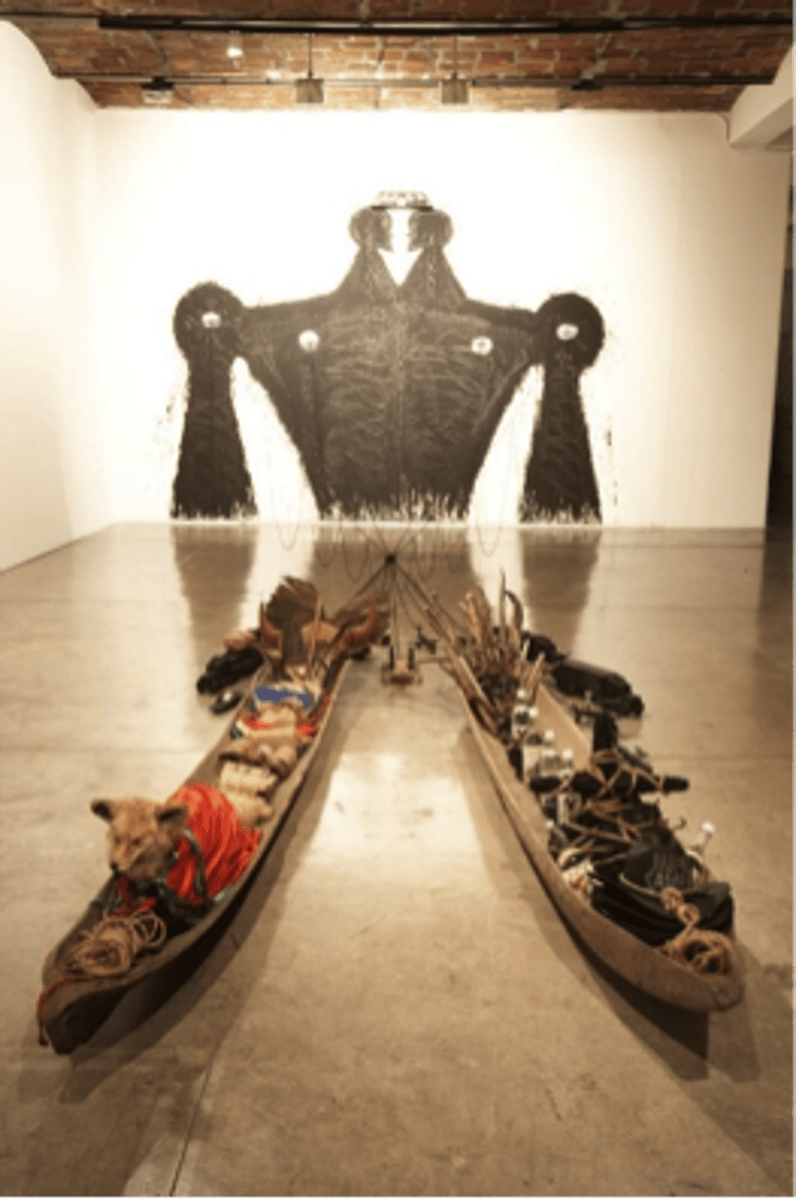 <p>the transitional stage of a ritual, particularly a rite of passage, in which one has passed out of an old status but has not yet entered a new one - artists and viewers use ephemeral materials to confront instability and contemplate change. (Bedia, The Things That Drag Me Along, 2008. Wax, crayon, acrylic, found objects.) A collection of talismanic objects leads the viewer through the liminal stage to spirtual enlightenment. </p>