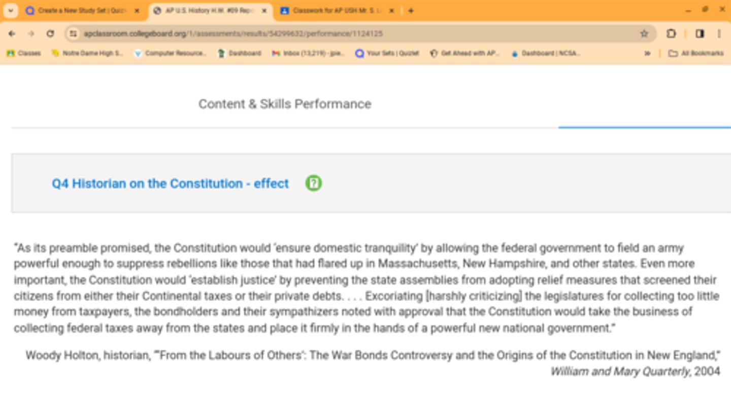 <p>Which of the following historical events in the 1790s most directly followed from the developments described in the excerpt?</p><p>A. Trade and manufacturing increased United States productivity and helped the federal government pay off its bonds more quickly.</p><p>B. George Washington's neutrality allowed the United States to trade with France, Britain, and Spain simultaneously and pay down the debt.</p><p>C. The federal government granted French merchants a monopoly on the sale of American tobacco to pay debts from the American Revolution.</p><p>D. The federal government established a new economic policy in part by assuming states' debts from the American Revolution.</p>