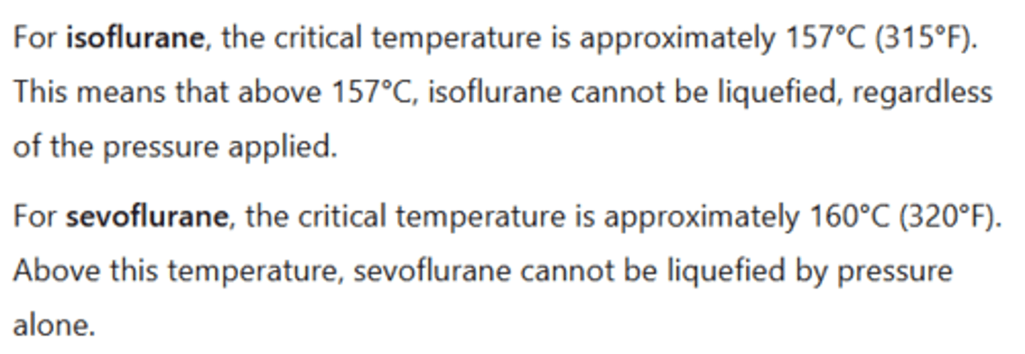 <p>Liquids in pressurised cylinders (high pressure keeps them in liquid state and then when heated below critical temp they enter supercritical state between liquid and gaseous vapour molecules which escape to be inhaled by the patient)</p>