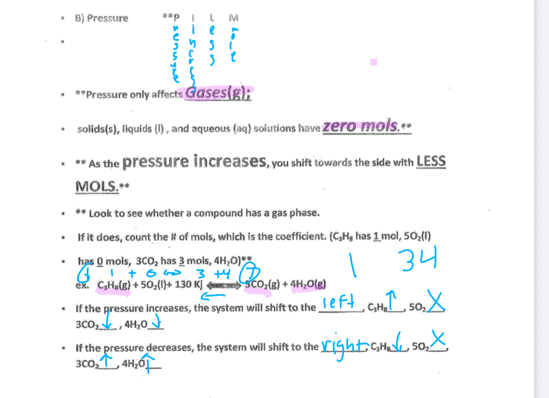 <ul><li><p>Pressure only affects gases</p></li><li><p>As the pressure increases, you shift towards the side with less moles</p></li></ul>