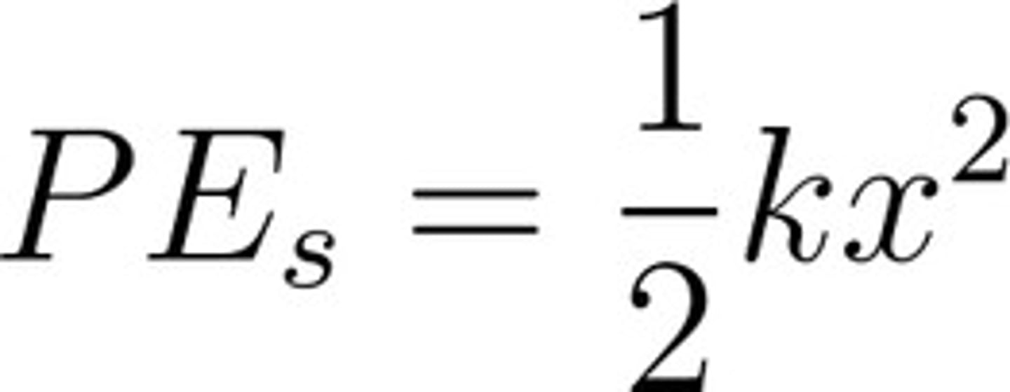 <p>also known as elastic potential energy. This energy is equivalent to the work done to deform the elastic object, such as a spring, and occurs when it is stretched or compressed and is related to the spring's relative displacement. Stored between the spring and the object</p>