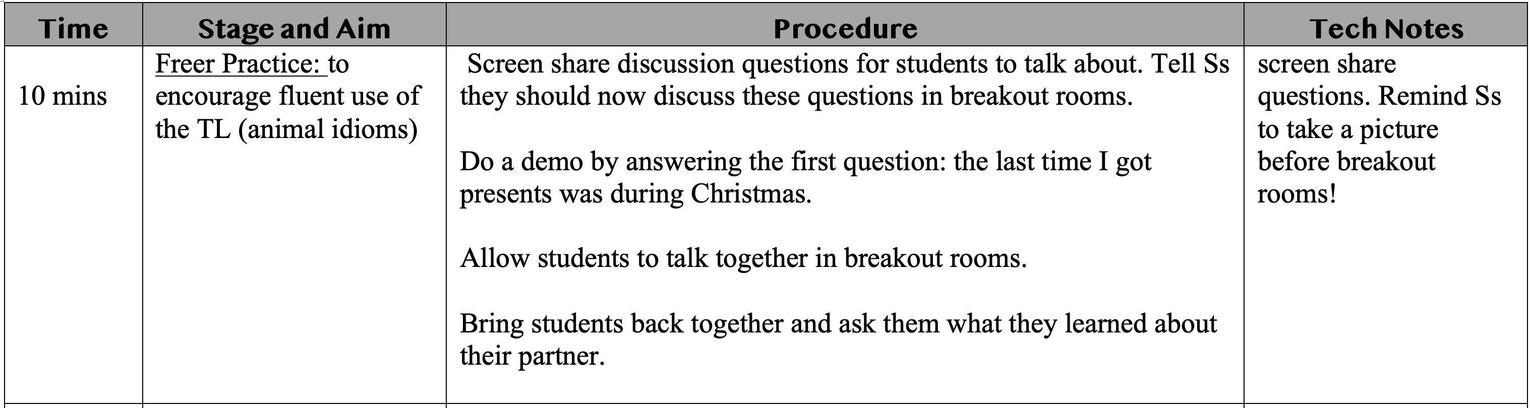 <p><strong><u><mark data-color="#86e1f0" style="background-color: rgb(134, 225, 240); color: inherit;">FREER PRACTICE</mark></u></strong></p><p>.</p><p><strong><u><mark data-color="#dbedbf" style="background-color: rgb(219, 237, 191); color: inherit;">SET TASK</mark></u></strong> - Screen share discussion questions for students to talk about.</p><p>Tell Ss they should now discuss these questions in pairs.</p><p>They should answer the questions about themselves.</p><p>.</p><p><strong><u><mark data-color="#dbedbf" style="background-color: rgb(219, 237, 191); color: inherit;">DEMO</mark></u></strong> - Do a demo by answering the first question: the last time I got presents was during Christmas.</p>
