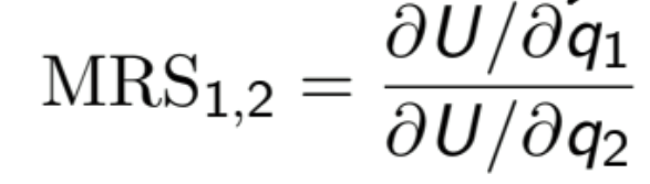 <p>Rate at which the individual can<strong> substitute </strong>one good for another<strong> at constant utility</strong></p><ul><li><p>individual’s <strong>willingness to pay</strong> for an additional unit of q1 measured in units of q2</p></li><li><p>slope of indifference curve: -MRS</p></li></ul><p></p>