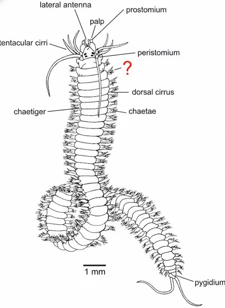 <p>What are the fleshy, leg-like appendages, indicated by the red question mark, called?</p>