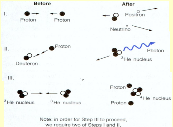 <ul><li><p>Two protons fuse together to produce deuterium + a positron + a neutrino </p></li><li><p>Another proton fuses with the deuterium to produce a nucleus of 3He + a photon </p></li><li><p>Two 3He nuclei fuse to produce a single 4He + two more protons (which can start all over again)</p></li></ul><p></p><p>Mass of 4 protons is larger than mass of 1 helium atom Converted into energy! mass is lost in this process which is the energy.</p>