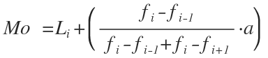 <p>Se toma el conjunto con mayor frecuencia absoluta y se procede a coger su límite inferior + (la frecuencia absoluta - la frecuencia absoluta anterior)/(frecuencia absoluta - frecuencia absoluta anterior)+ (frecuencia absoluta - frecuencia absoluta siguiente)</p>