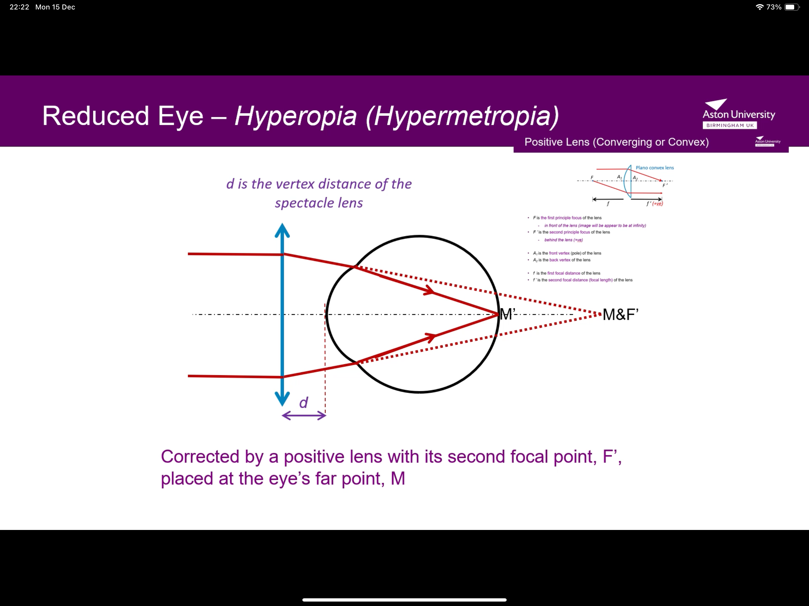 <p>Corrected by a positive lens with its second focal point placed at the eyes far point </p>