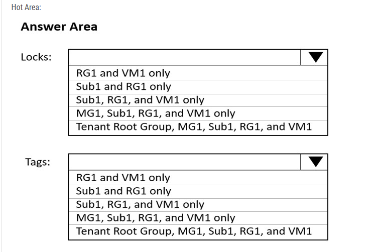 <p><span>Sub1, RG1, and VM1 only</span></p><p></p><p><span>Sub1, RG1, and VM1 only</span></p>
