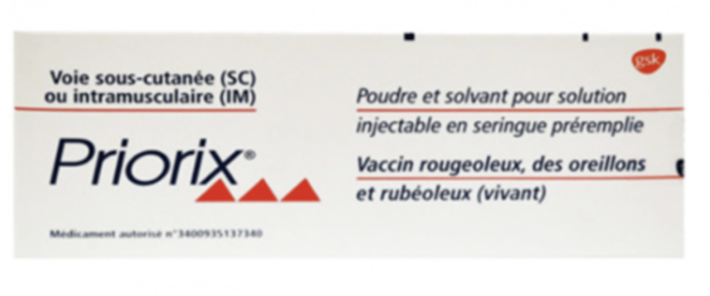 <p>Type de vaccin : Vivants atténués</p><p>Produit sur culture cellulaire </p><p>Adjuvants : NON car vivants atténués </p><p>Nom d'une spécialité : PRIORIX</p><p>Obligatoire? : OUI depuis 2018</p><p>Schéma vaccinal : x2 doses</p><p>x1 dose à 12 mois</p><p>x1 dose entre 16-18 mois</p><p>CI : FE, immunodéprimés</p>
