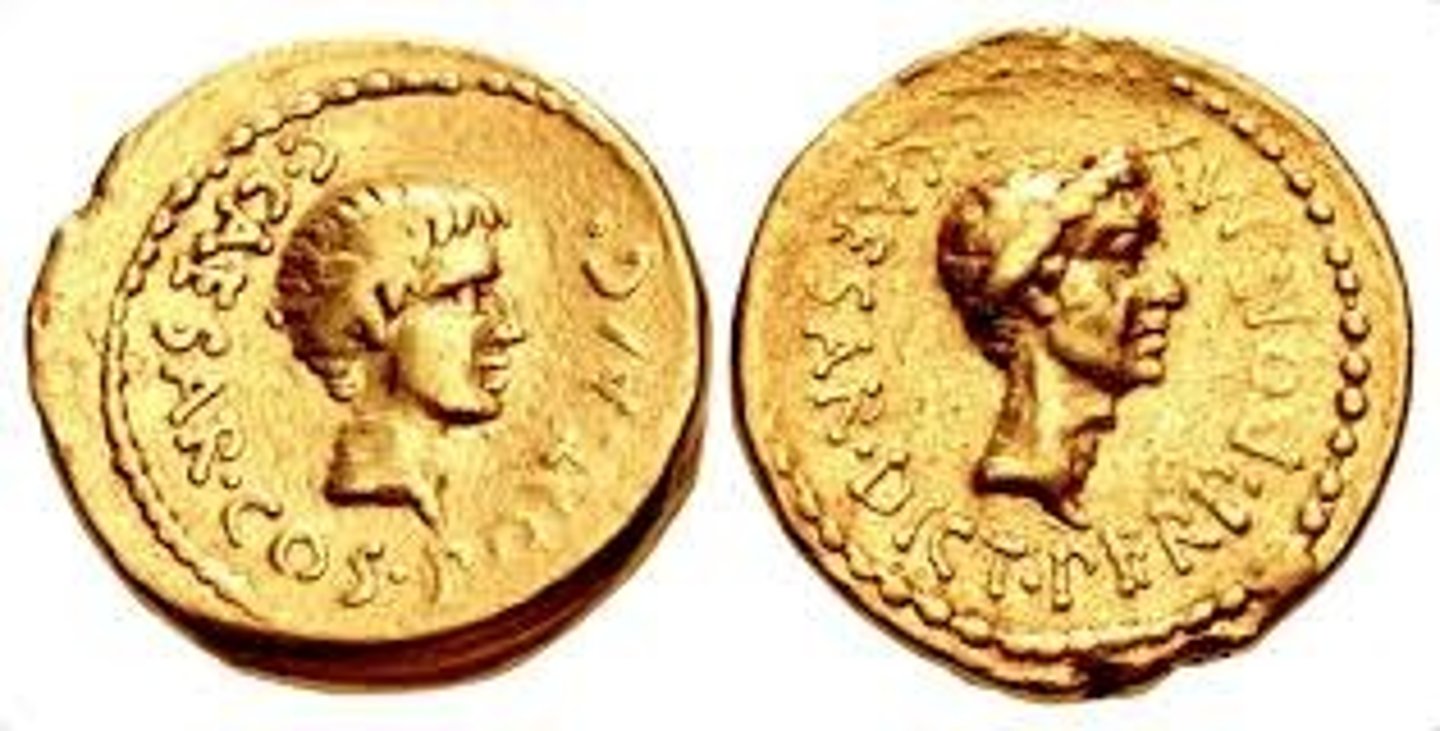<p>43BC</p><ul><li><p>shows them as in the same family - same divine heritage</p></li><li><p>ceasar wears a wreath but Oct doesnt —> showing he is just a normal man of the poeple </p><ul><li><p>unlike his father ceasar who was more of a king</p></li></ul></li><li><p>inscription says the name Ceasar —> showing both men share the powerful name</p></li></ul><p></p>
