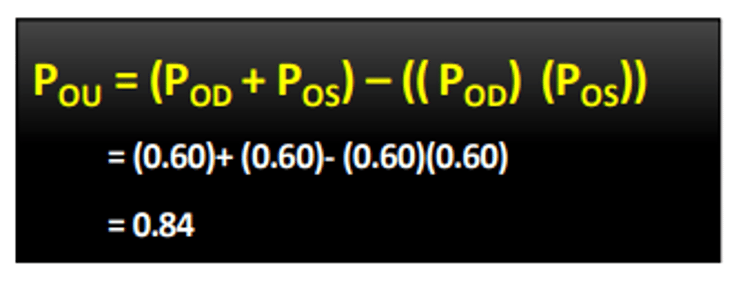 <p>theory stating that even if the eyes work perfectly independently, we can still expect some degree of lowered thresholds under binocular conditions. Ie) a monocular threshold of 0.60 in each eye, results in a probability of 0.84 of detecting a stimulus binocularly. Applies even when the image of one eye is degraded, as seen in amblyopia</p>