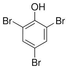 <p>-triple substitution with bromine water and room temp.</p><p>-forms <span style="color: red">white ppt (test for phenols),</span> 2,4,6- tribromophenol (C6H2Br3OH)</p><p>And Hbr</p>