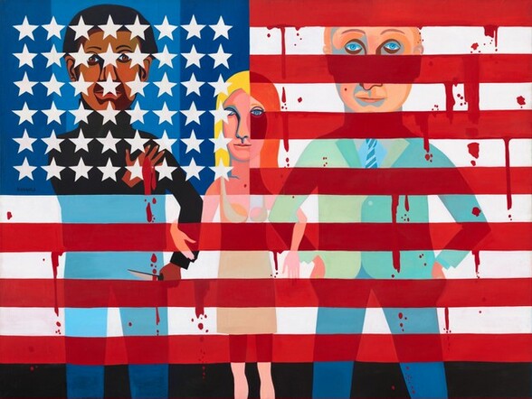 <p>explores themes of race, gender, and patriotism by depicting a Black man, a white woman, and a white man interlocking arms within an American flag dripping with blood, symbolizing the wounds of racial injustice and conflict.<span>&nbsp;</span></p>