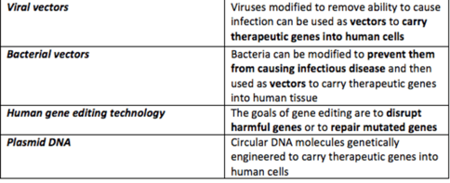 <p>- Viral vectors</p><p>- Bacterial vectors</p><p>- Plasmid DNA vectors</p><p>- Human gene editing technology (CRISPR/CAS9)</p>