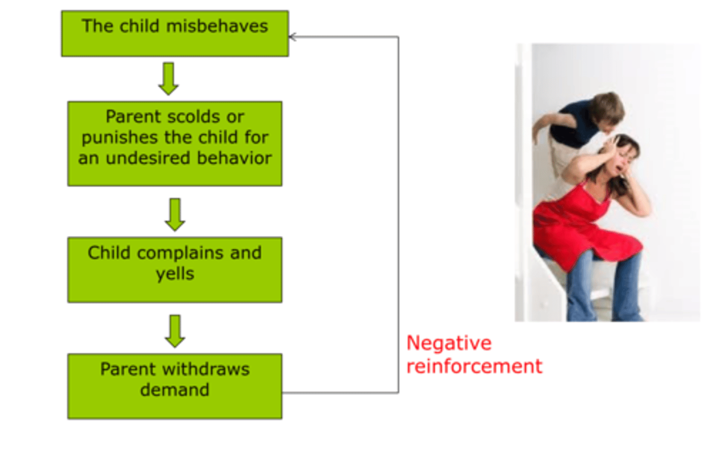 <p>Children throwing temper tantrum when parent tries to discipline, parent relinquishes discipline in order to appease/calm down child becoming negative reinforcement</p>