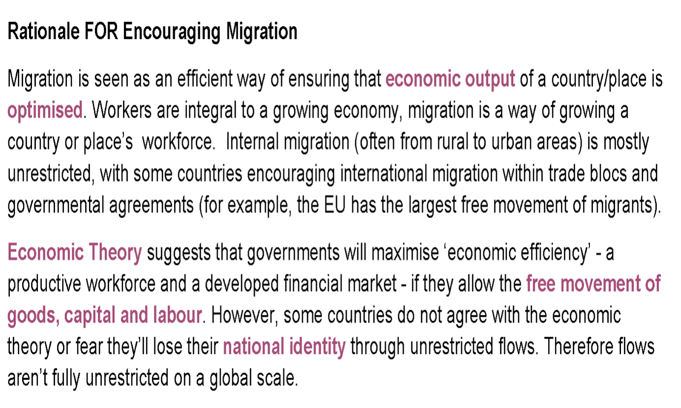 <p>• Migrant labour mostly focused on movement to core regions</p><p>• Economic theory views humans as an economic resource</p><p>• Business needs humans to make use of – need to be able to move to where work is available (optimisation of the UK)</p><p>• Migration can be an effective tool to make sure economic output is optimised (hence why free movement can be a good thing!)</p><p>• However, this can increase spatial disparities</p><p>• There are arguments that backwash effects are balanced by spread effects (trickle down) in the remittances that are sent away from the core</p><p></p><p>backwash effects- lots of focus on the core, <span>flows of people, investment and resources directed from peripheral to core regions. This is responsible for the polarisation of regional prosperity between regions within a country.</span></p><p></p>