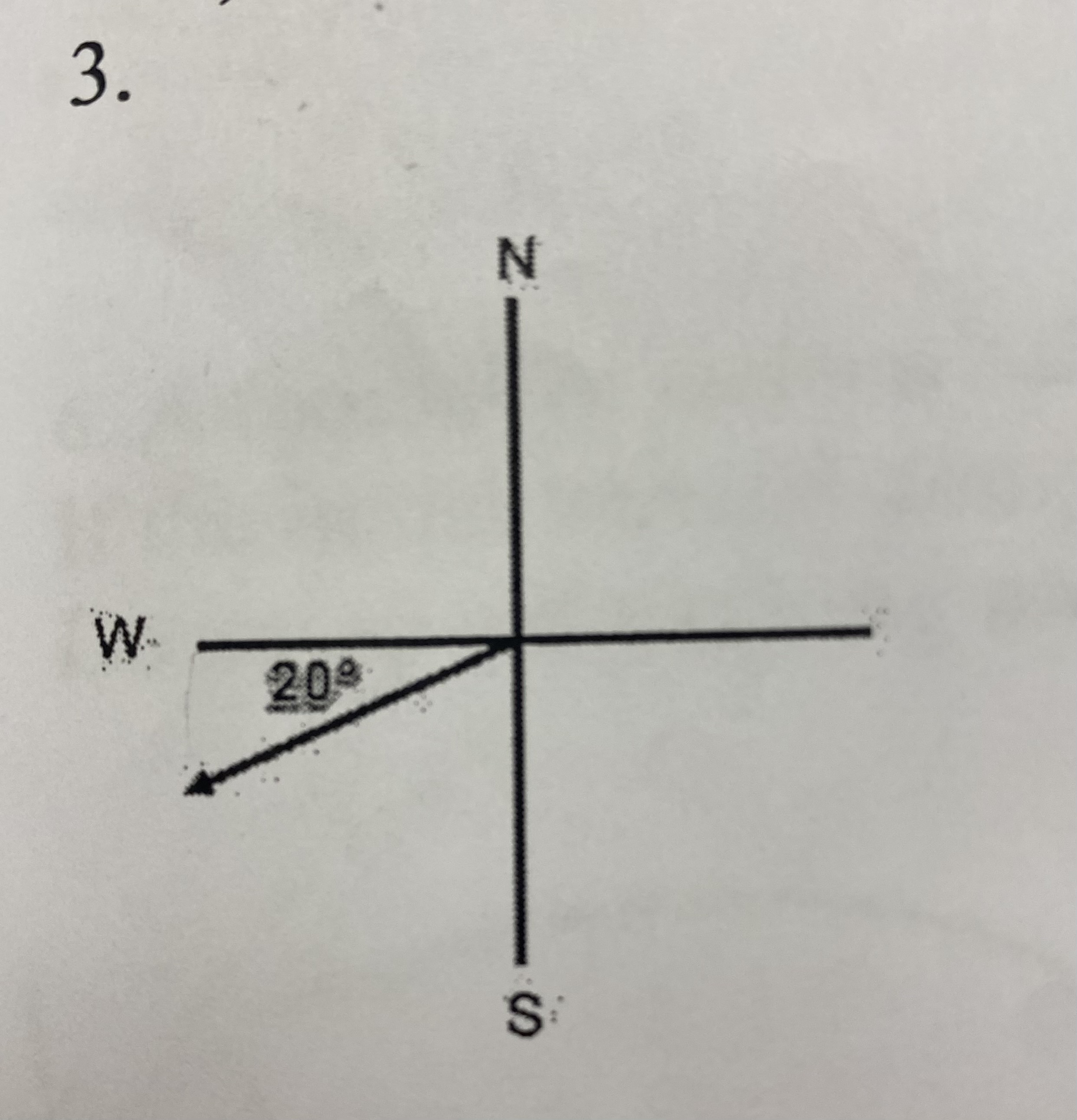 <p><strong>How would you describe the direction above?</strong></p><p>(a) 20 degrees north of west</p><p>(b) 20 degrees west of south</p><p>(c) 20 degrees south of north</p><p>(d) 20 degrees south of west</p>