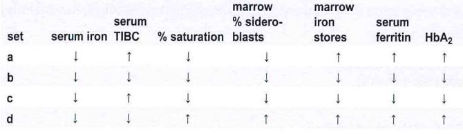 <p>In an uncomplicated case of severe iron deficiency anemia, which of these sets of laboratory data represents the typically pattern of results?</p><p>a set a</p><p>b set b</p><p>c set c</p><p>d set d</p>