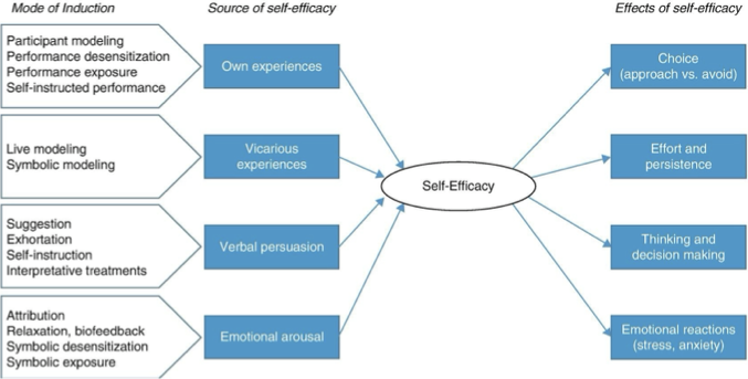 <ul><li><p><strong>Own experiences</strong>: if you have tried it and it did not work </p></li><li><p><strong>Vicarious</strong>: someone else’s experiences</p></li><li><p><strong>Verbal persuasion</strong>: someone can tell you </p></li><li><p><strong>Emotional arousal</strong>: how you feel after doing something</p></li></ul><p></p>