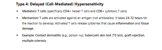 <p><span style="color: yellow"><strong>Delayed</strong></span> b/c cells take more time than AB<br><span style="color: yellow">(not about AB, talking about exacerbated sensitization of T cells - TAKES TIME NOT IMMEDIATE)</span></p><p><br>1) Helper T cells (CD4) or Cytotoxic (CD8) T cells activated</p><p><br>2) Sensitization of Tcells (NOT ABs)<br>- first exposure = sensitization</p><p><br>3) 2nd exposure/persistent antigen<br>- t cells activate macrophages<br>- macrophages overreactive → secrete a lot of cytokines <br>→ cause exacerbated inflammation<br><br>*note its both CD4 and CD8. CD4 above occurs, CD8 will kill it directly</p>