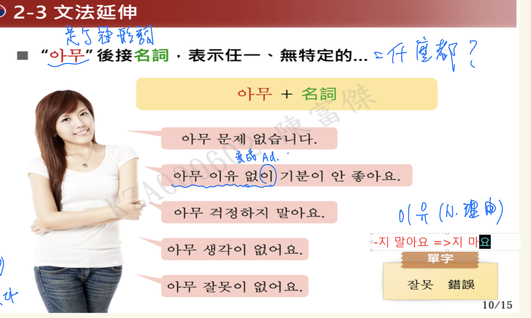 <p>아무是冠形詞</p><p>表示任意、無特定的=什麼都</p>