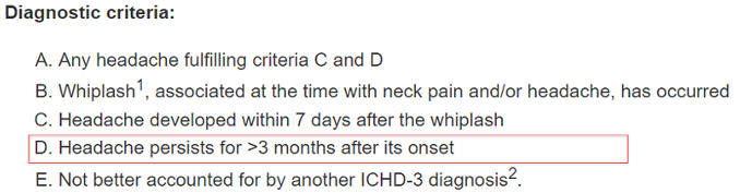 <p>Symptoms: Dizziness, fatigue, reduced concentration, memory loss, insomnia, anxiety, personality changes</p><p>Time Frame: HA <u>more than 3 months</u> due to <u>whiplash</u></p>