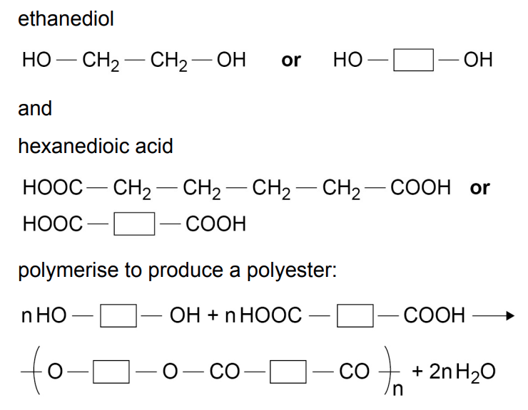 <ul><li><p>involves monomers which contain two functional groups</p></li><li><p>produced from two different monomers w/ two of the same functional group on each monomer OR two monomers of the same type w/ two different functional groups on each monomer</p></li><li><p>when the momomers react, they join and lose small molecules (usually water)</p></li><li><p>e.g. ethanediol + hexanedioic acid → polyester + water</p></li></ul>